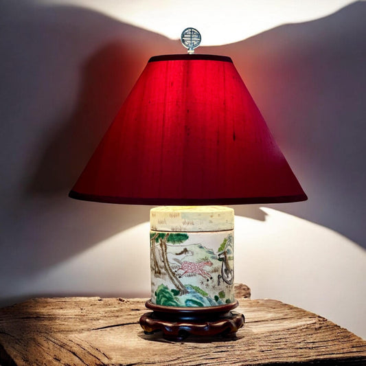 Hand-Painted Mid-Century Chinoiserie Lamp with Horse Motif