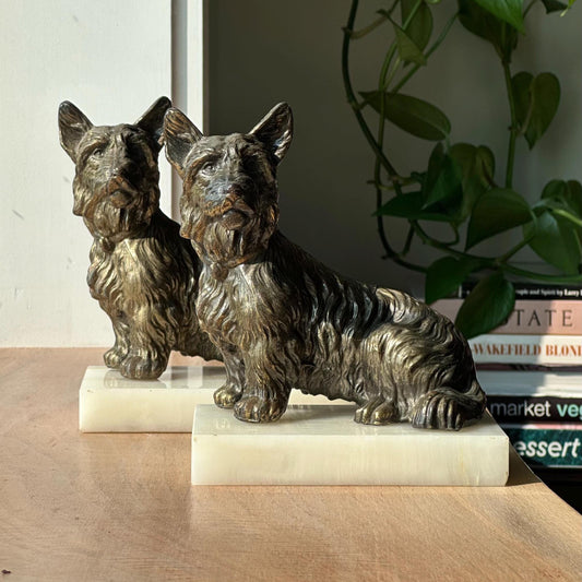 Vintage Cast Bronze Scottie Dog Bookends with Marble Bases – Pair