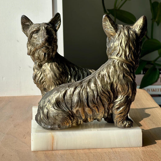 Vintage Cast Bronze Scottie Dog Bookends with Marble Bases – Pair
