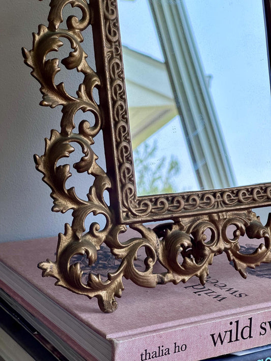 Vintage Ornate Cast Iron Tabletop or Wall Mirror – Rococco Revival Style