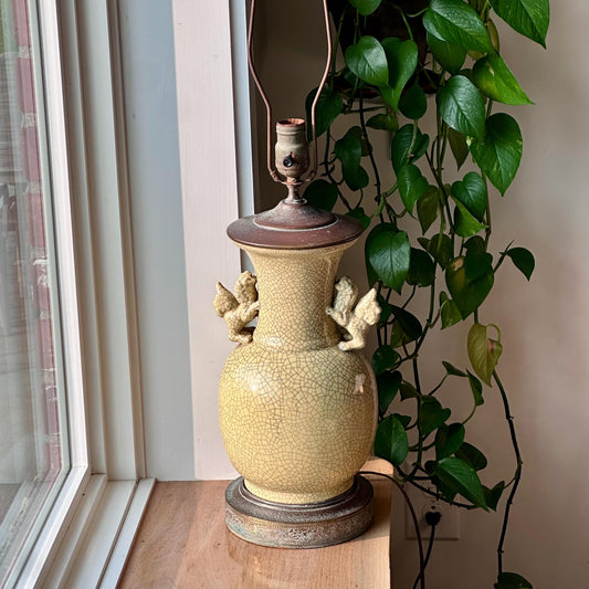 Antique Crackle Glaze Vase Lamp with Foo Dog Handles