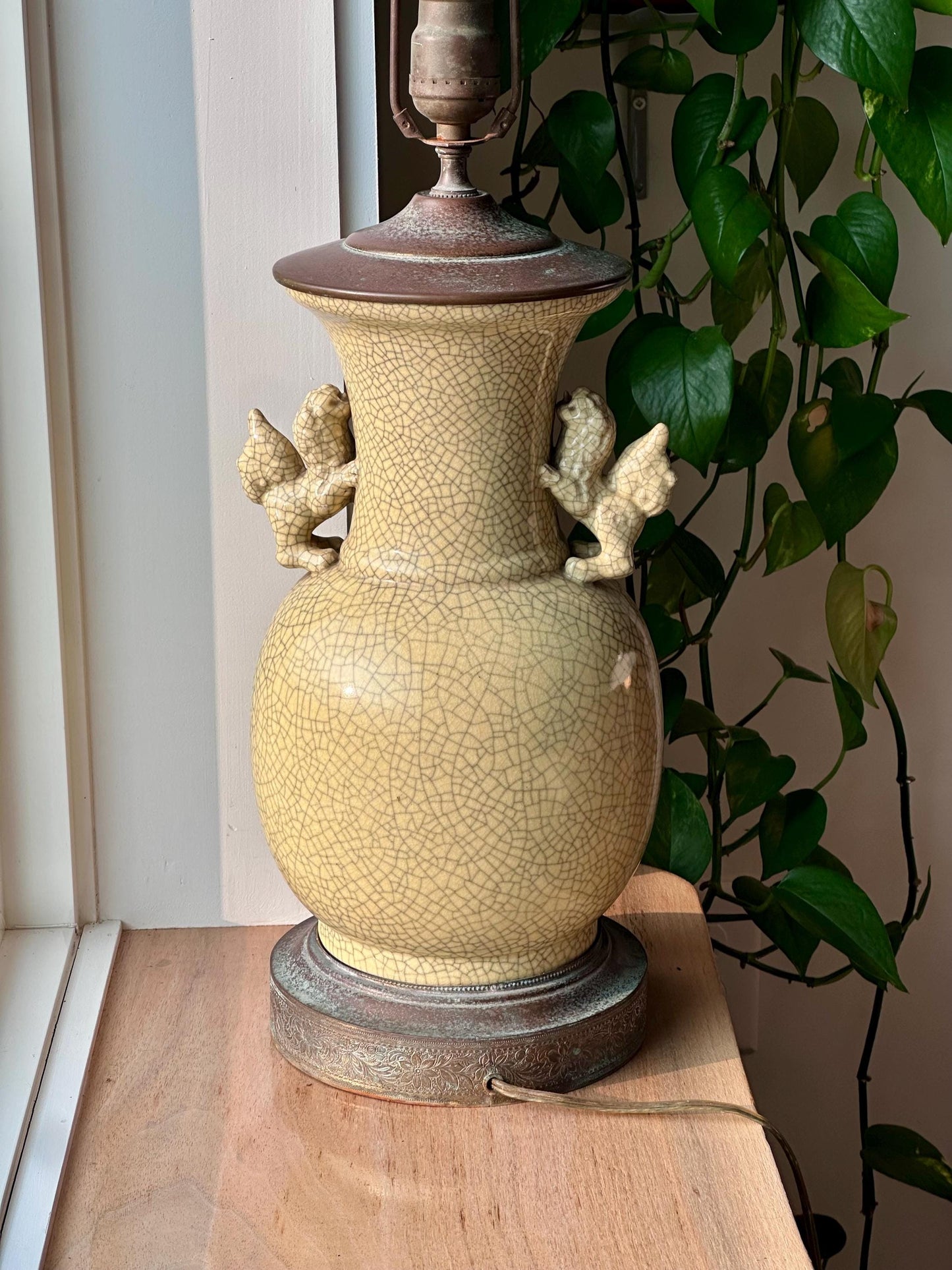 Antique Crackle Glaze Vase Lamp with Foo Dog Handles