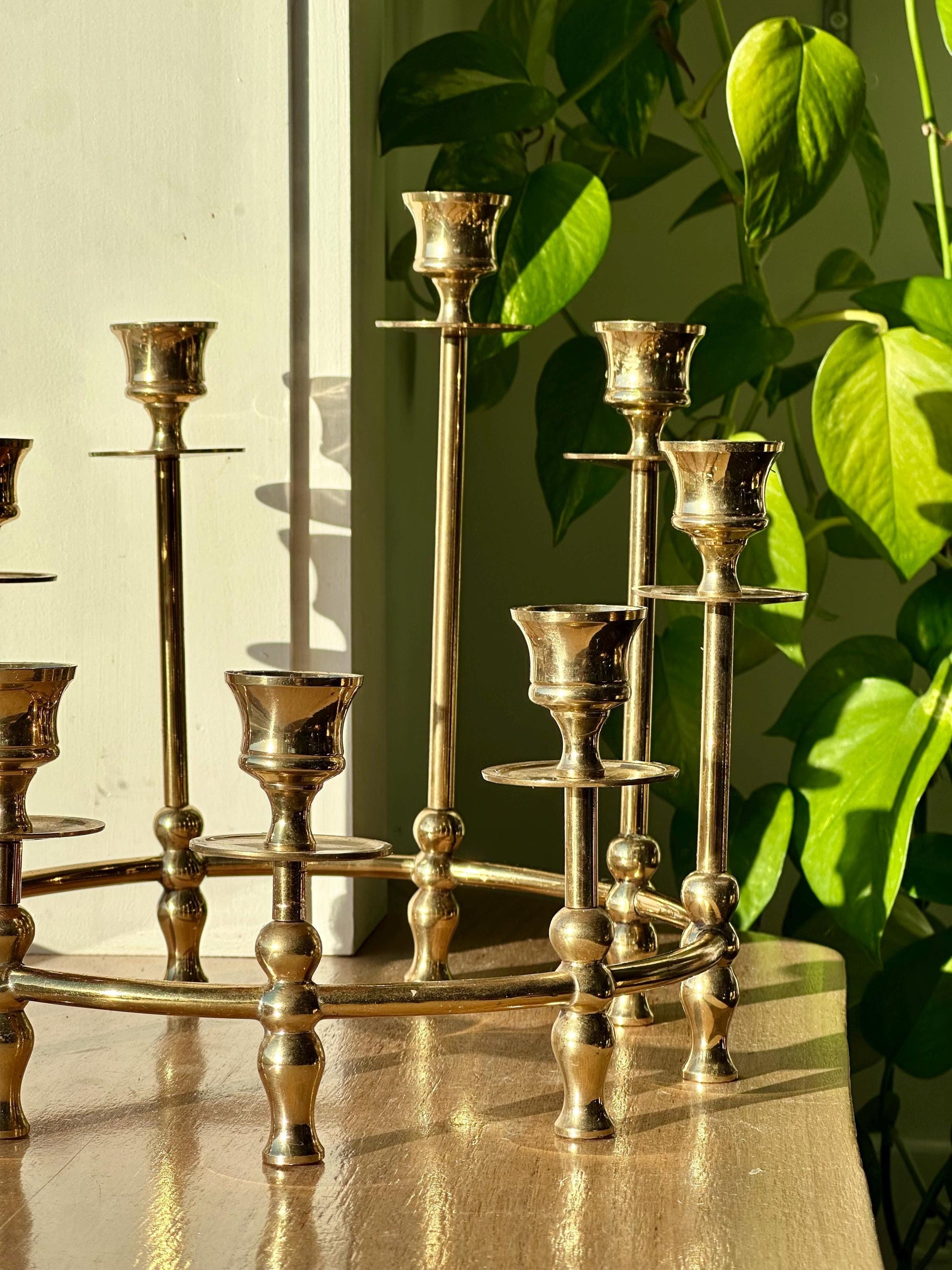 Vintage Brass Candelabra | Round 9-Candle Holder | Mid-Century Brass Centerpiece | Hollywood Regency Style