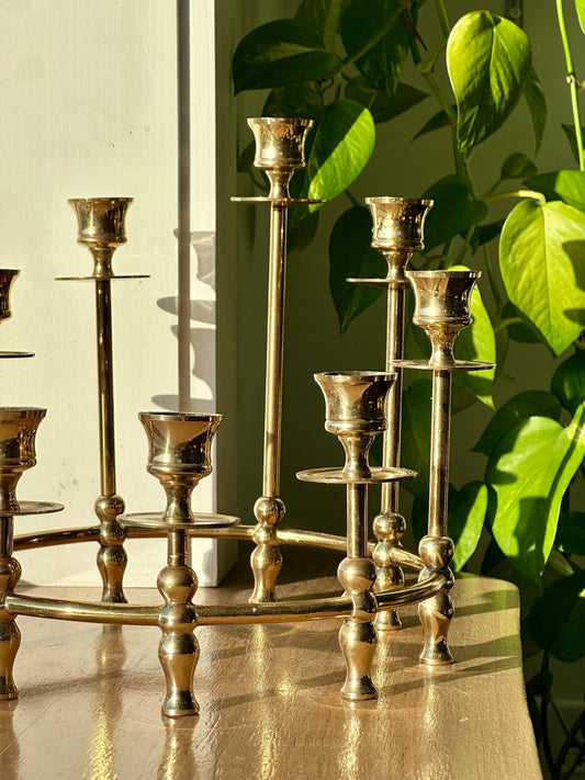 Vintage Brass Candelabra | Round 9-Candle Holder | Mid-Century Brass Centerpiece | Hollywood Regency Style