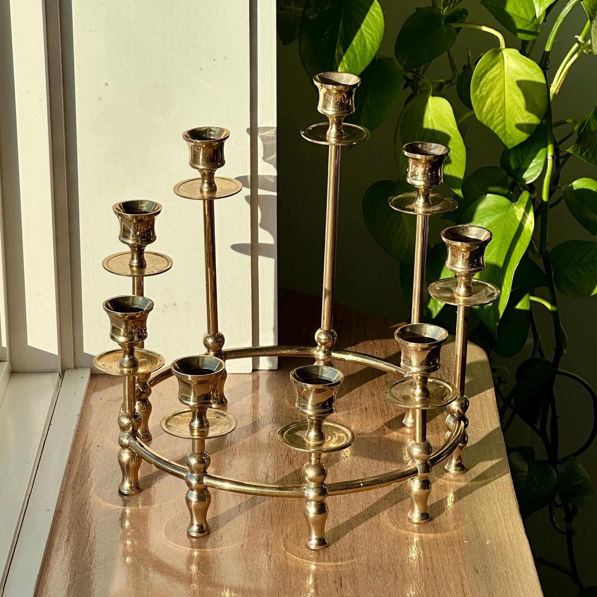 Vintage Brass Candelabra | Round 9-Candle Holder | Mid-Century Brass Centerpiece | Hollywood Regency Style