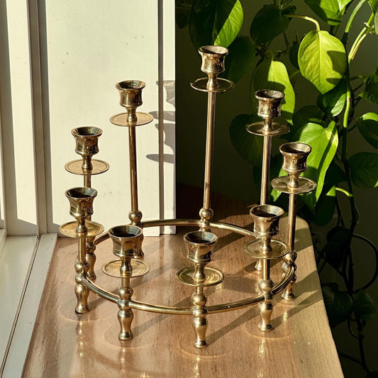 Vintage Brass Candelabra | Round 9-Candle Holder | Mid-Century Brass Centerpiece | Hollywood Regency Style