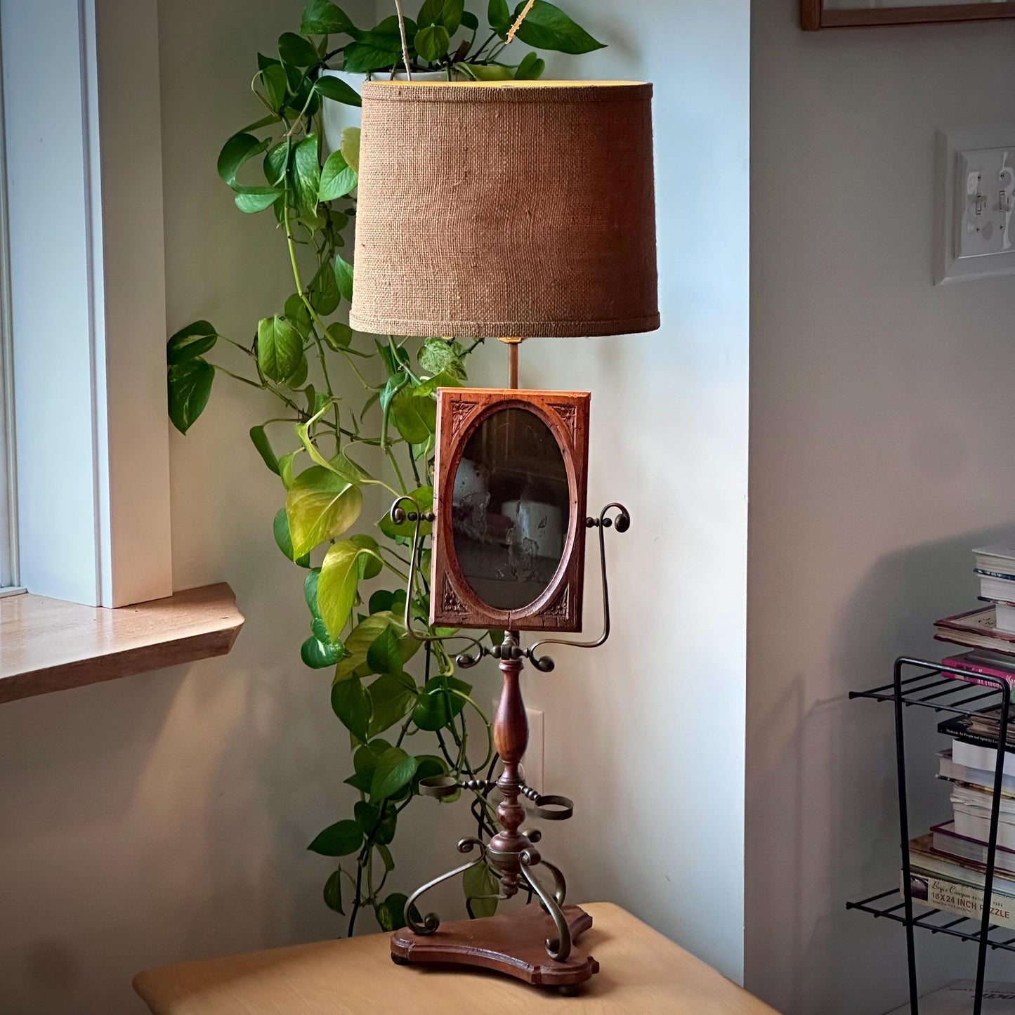 Antique Shaving Lamp with Mirror | Victorian Wooden & Brass Table Lamp | Rustic Shaving Stand Converted to Lamp