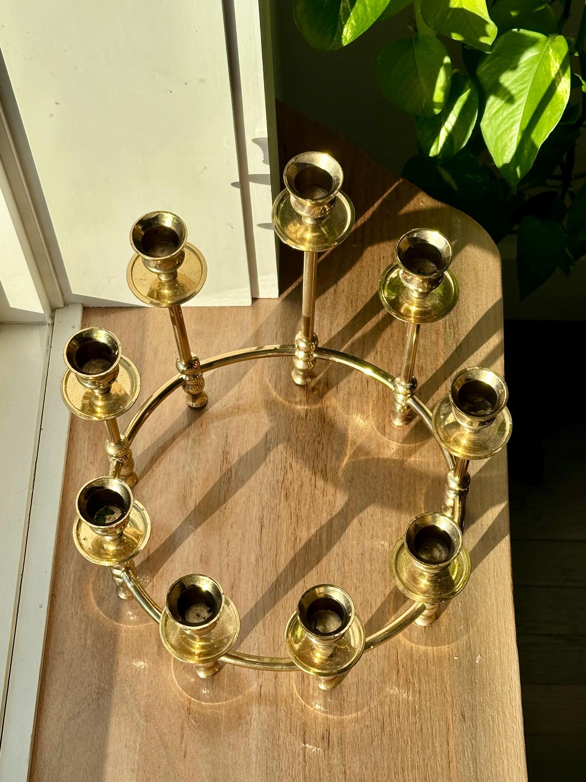 Vintage Brass Candelabra | Round 9-Candle Holder | Mid-Century Brass Centerpiece | Hollywood Regency Style