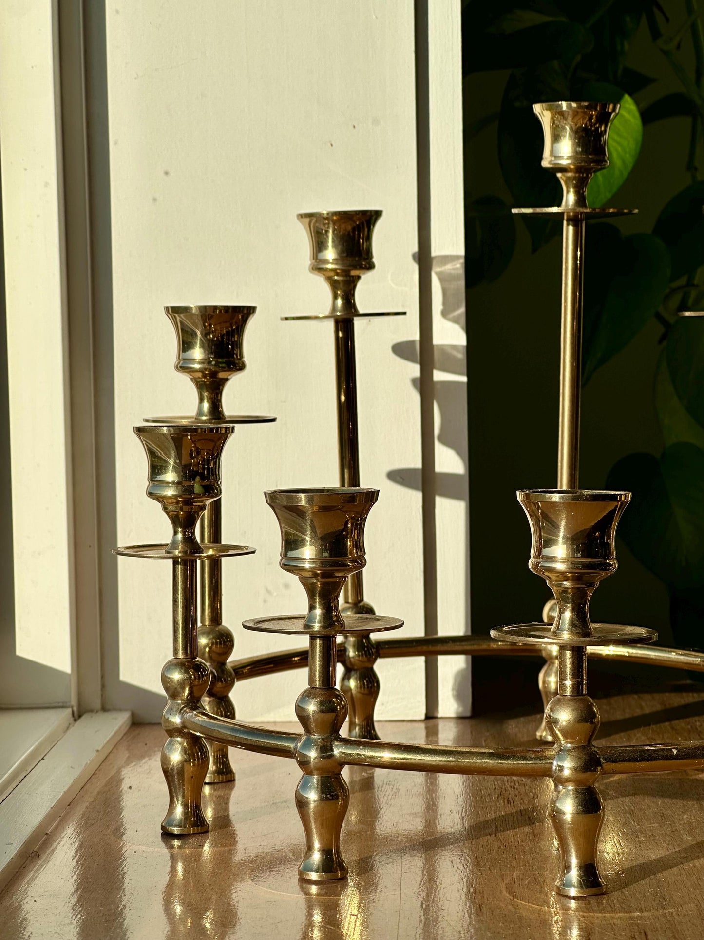 Vintage Brass Candelabra | Round 9-Candle Holder | Mid-Century Brass Centerpiece | Hollywood Regency Style