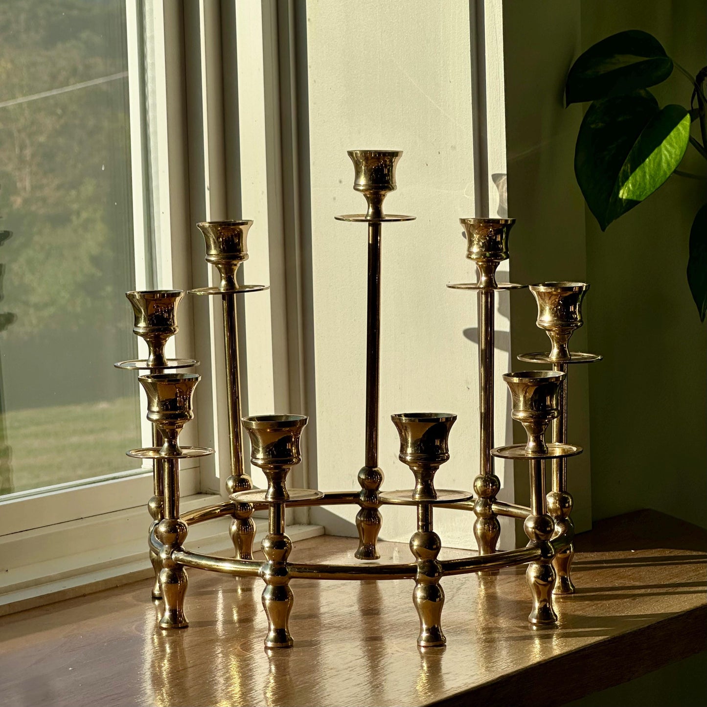 Vintage Brass Candelabra | Round 9-Candle Holder | Mid-Century Brass Centerpiece | Hollywood Regency Style