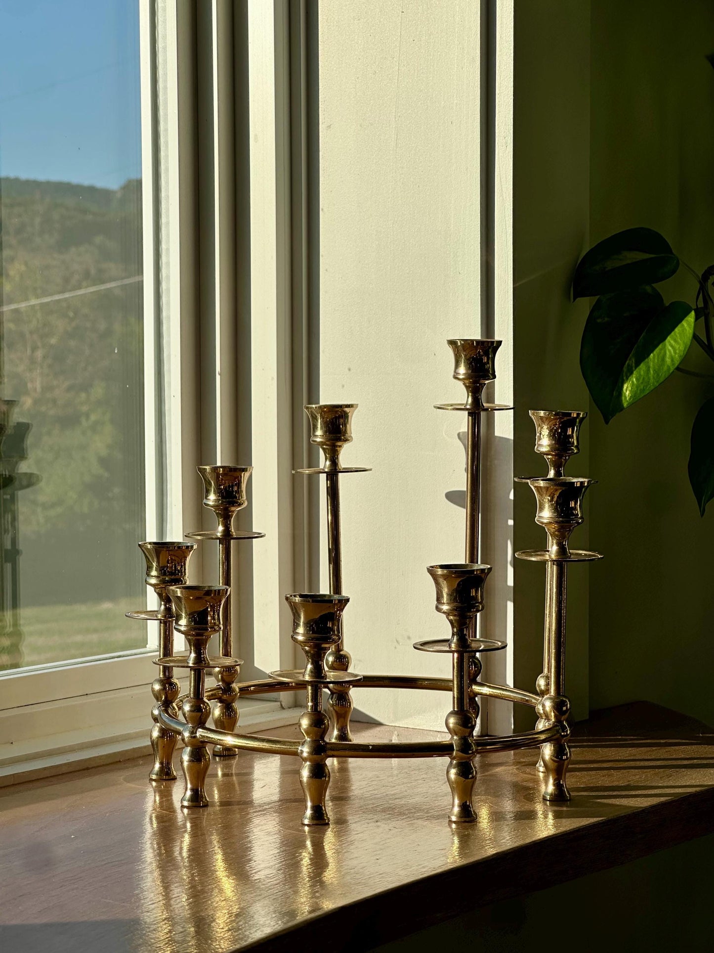 Vintage Brass Candelabra | Round 9-Candle Holder | Mid-Century Brass Centerpiece | Hollywood Regency Style