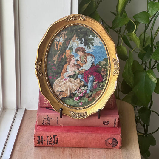Vintage Framed Victorian Needlepoint in Gold Gilt Frame