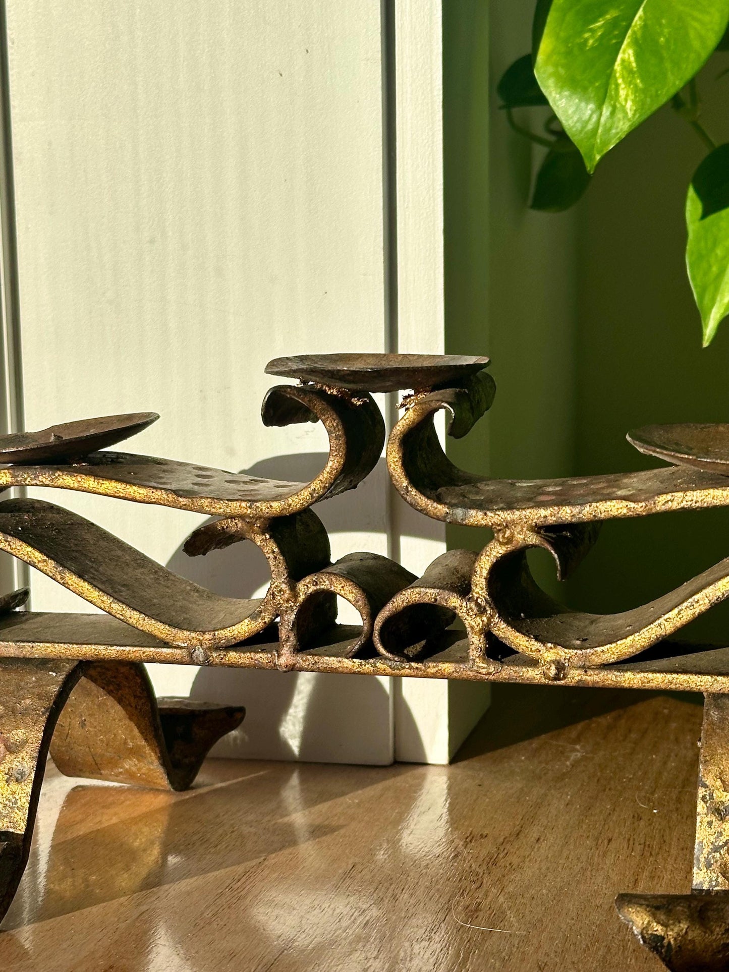 Mid-Century Spanish Wrought Iron Candle Holder – 3-Light Gilded Scroll Design