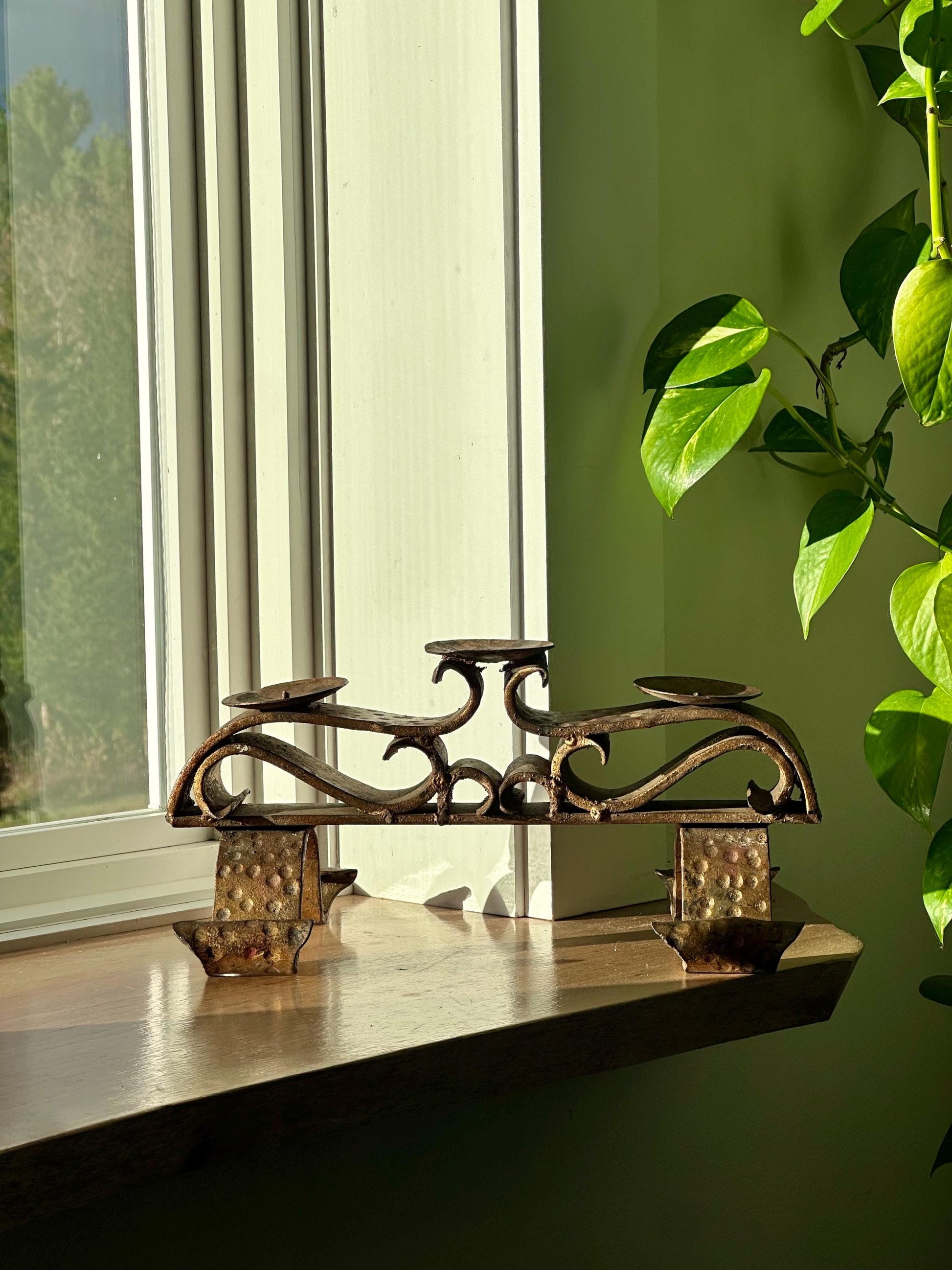 Mid-Century Spanish Wrought Iron Candle Holder – 3-Light Gilded Scroll Design