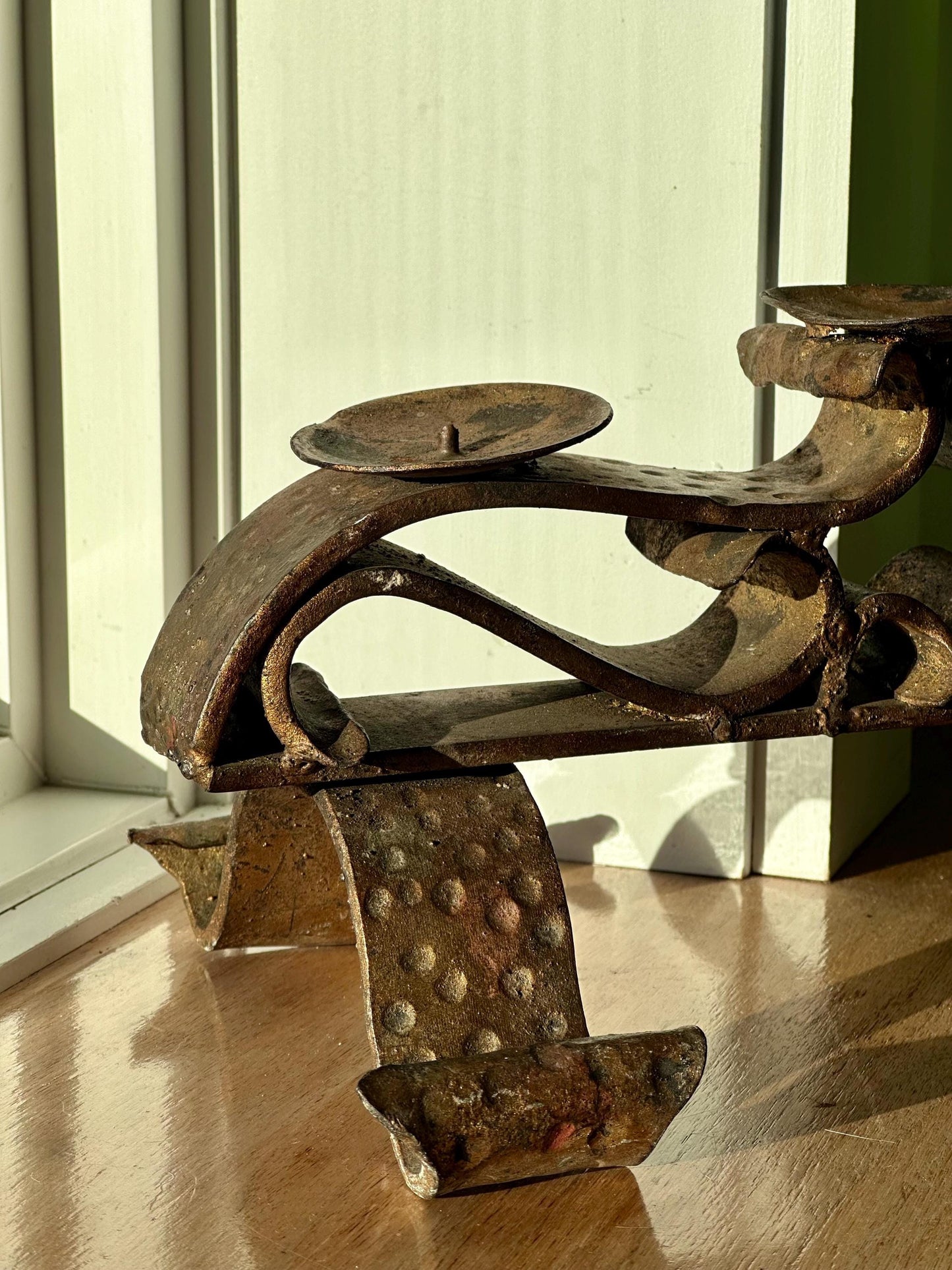 Mid-Century Spanish Wrought Iron Candle Holder – 3-Light Gilded Scroll Design
