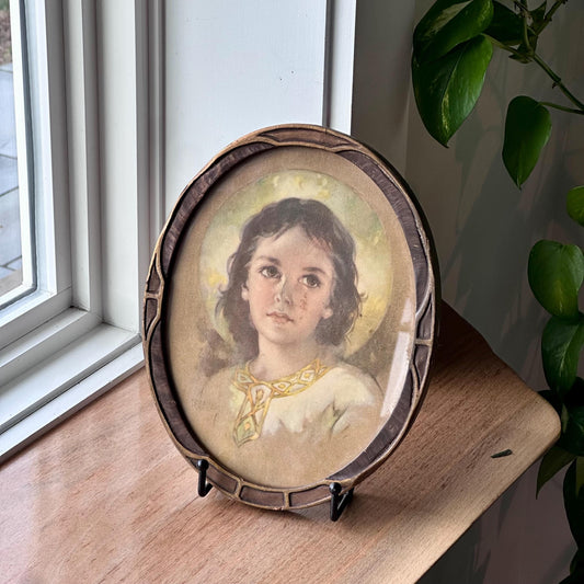 Antique “The Young Christ” Framed Religious Print | Early 1900s Hofmann Portrait in Oval Gesso Frame