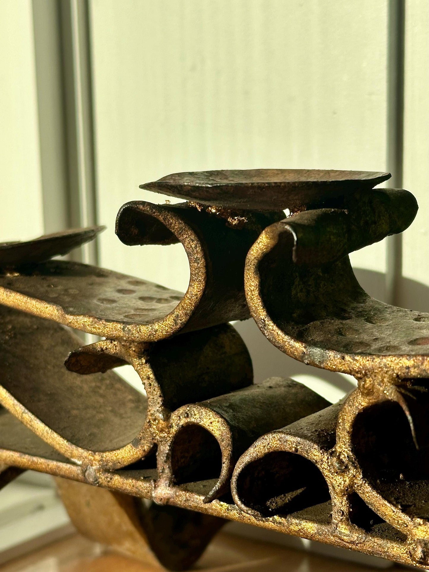 Mid-Century Spanish Wrought Iron Candle Holder – 3-Light Gilded Scroll Design