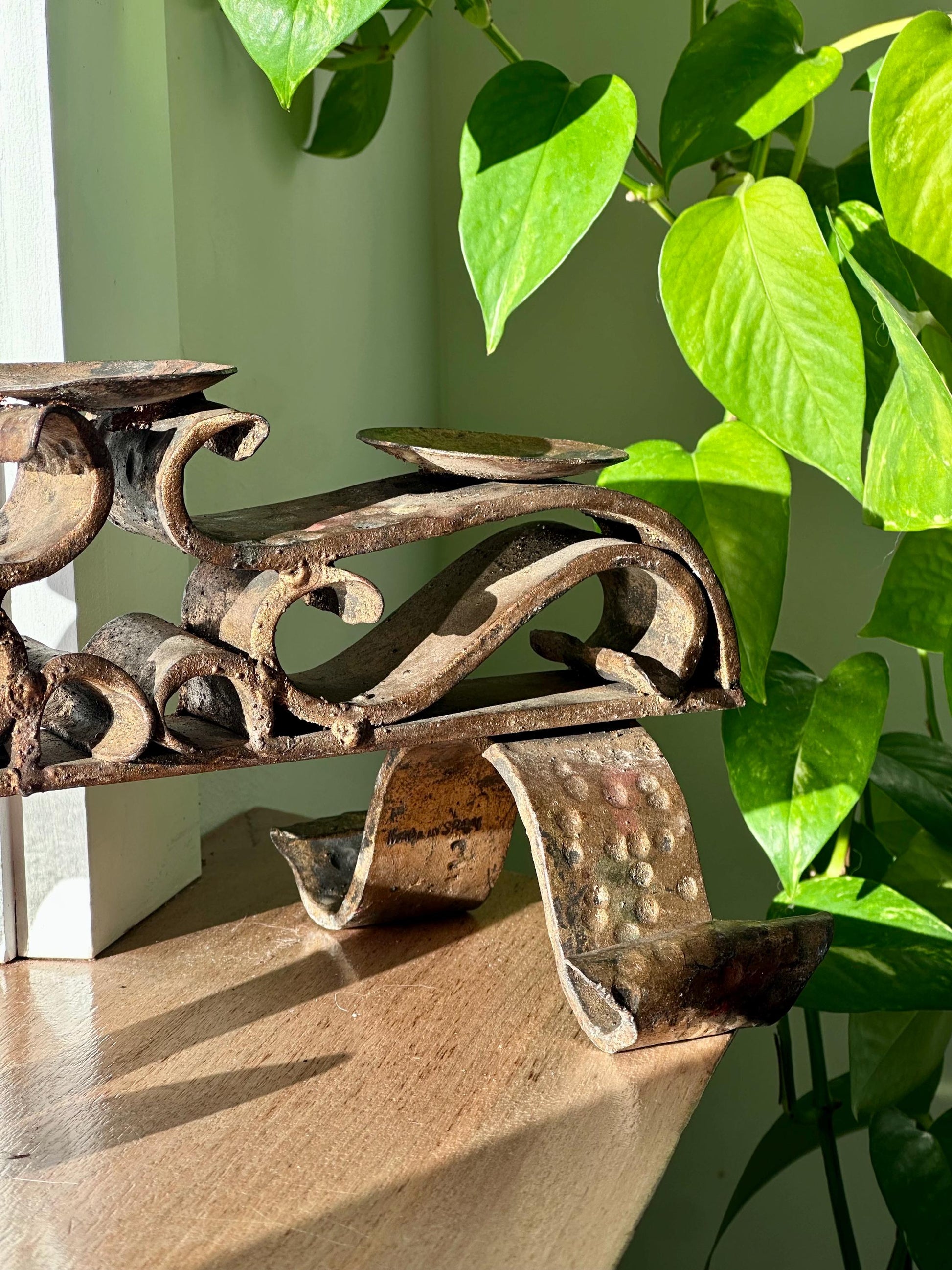 Mid-Century Spanish Wrought Iron Candle Holder – 3-Light Gilded Scroll Design