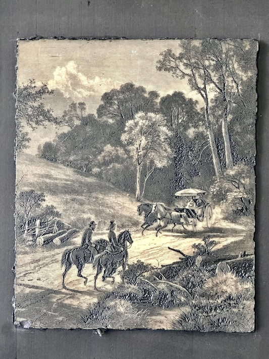 Antique Printing Block / Plate – Framed Equestrian Landscape