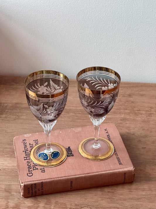 Pair of Vintage Czech Crystal Wine Glasses – Hand Etched, Gold Rimmed