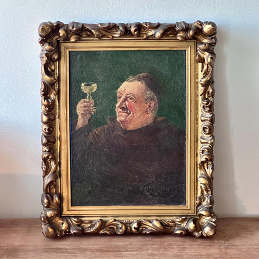 Antique Genre Painting of Monk with Wine Glass in Ornate Gilt Wood Frame