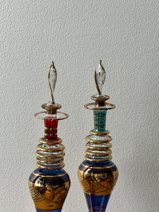 Vintage Hand-Blown Art Glass Perfume Bottles, Pair with Flame Stoppers, Gilt Decoration