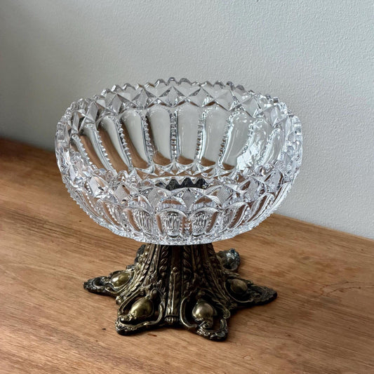 Antique Cut Crystal Bowl on Ornate Cast Metal Stand, Late 19th–Early 20th Century
