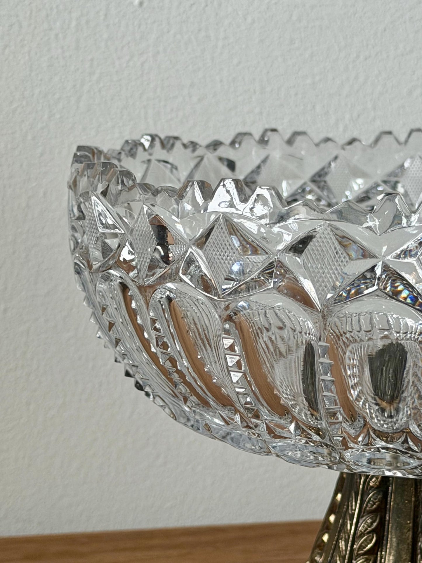 Antique Cut Crystal Bowl on Ornate Cast Metal Stand, Late 19th–Early 20th Century