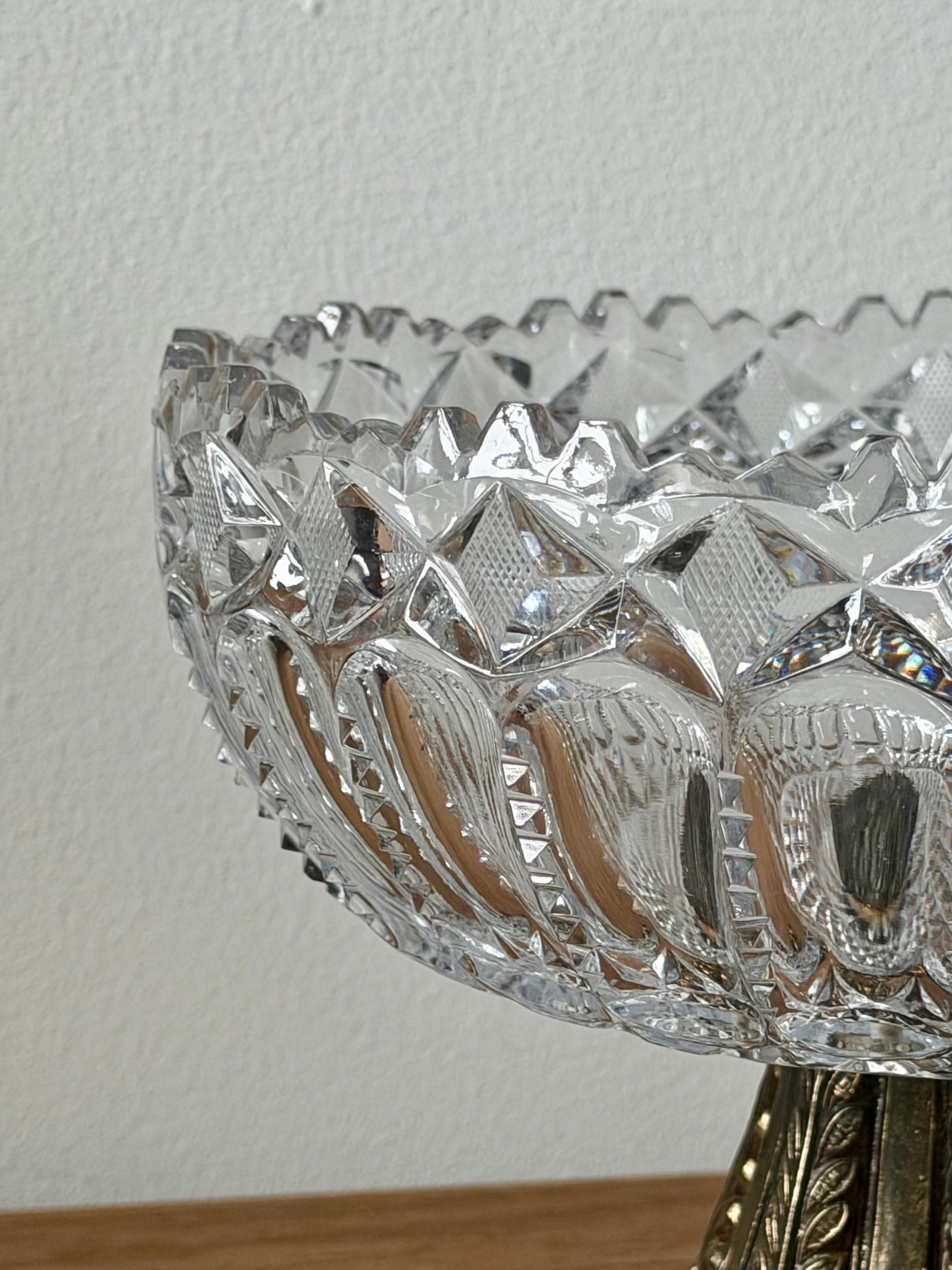 Antique Cut Crystal Bowl on Ornate Cast Metal Stand, Late 19th–Early 20th Century
