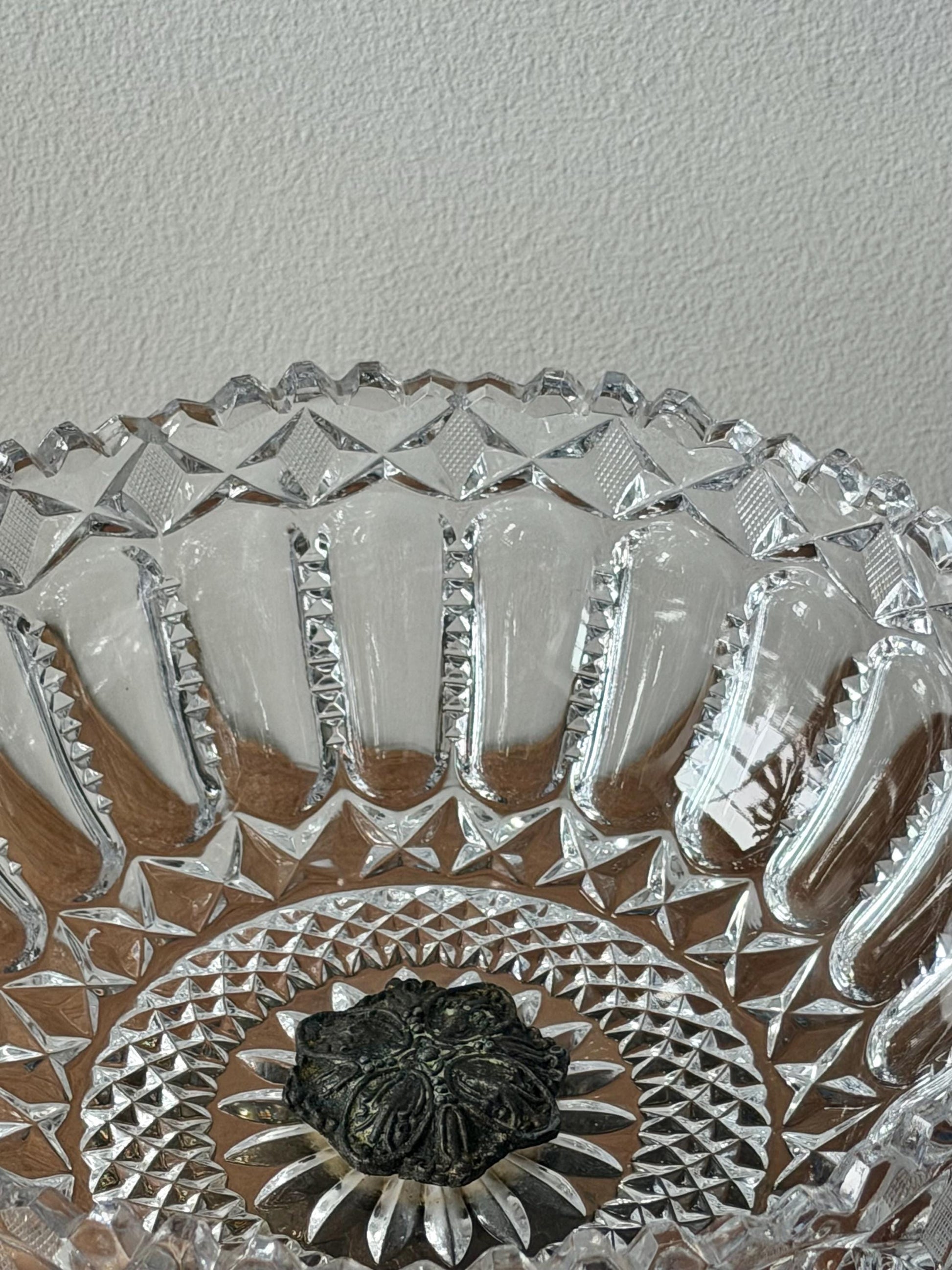 Antique Cut Crystal Bowl on Ornate Cast Metal Stand, Late 19th–Early 20th Century