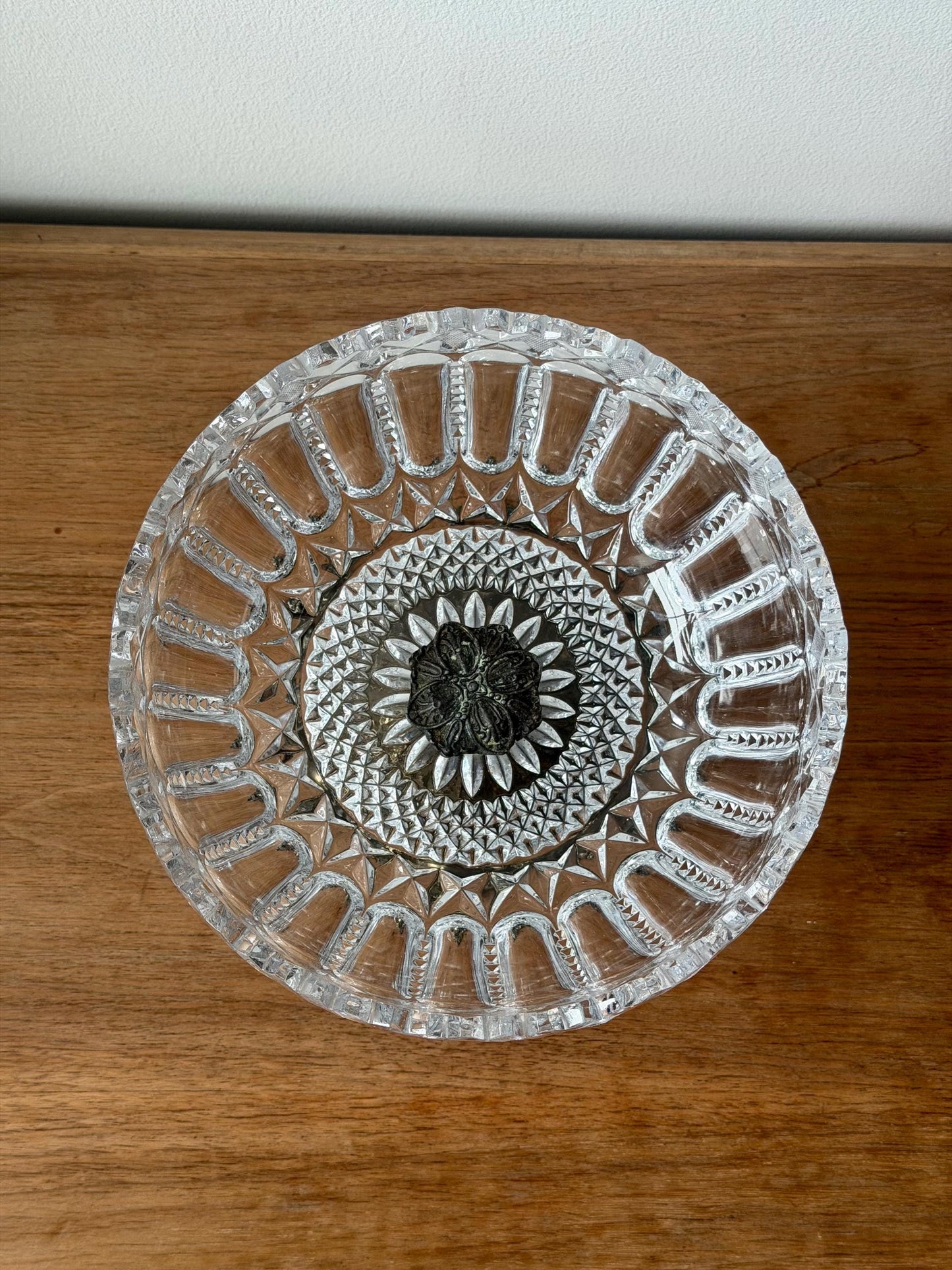 Antique Cut Crystal Bowl on Ornate Cast Metal Stand, Late 19th–Early 20th Century
