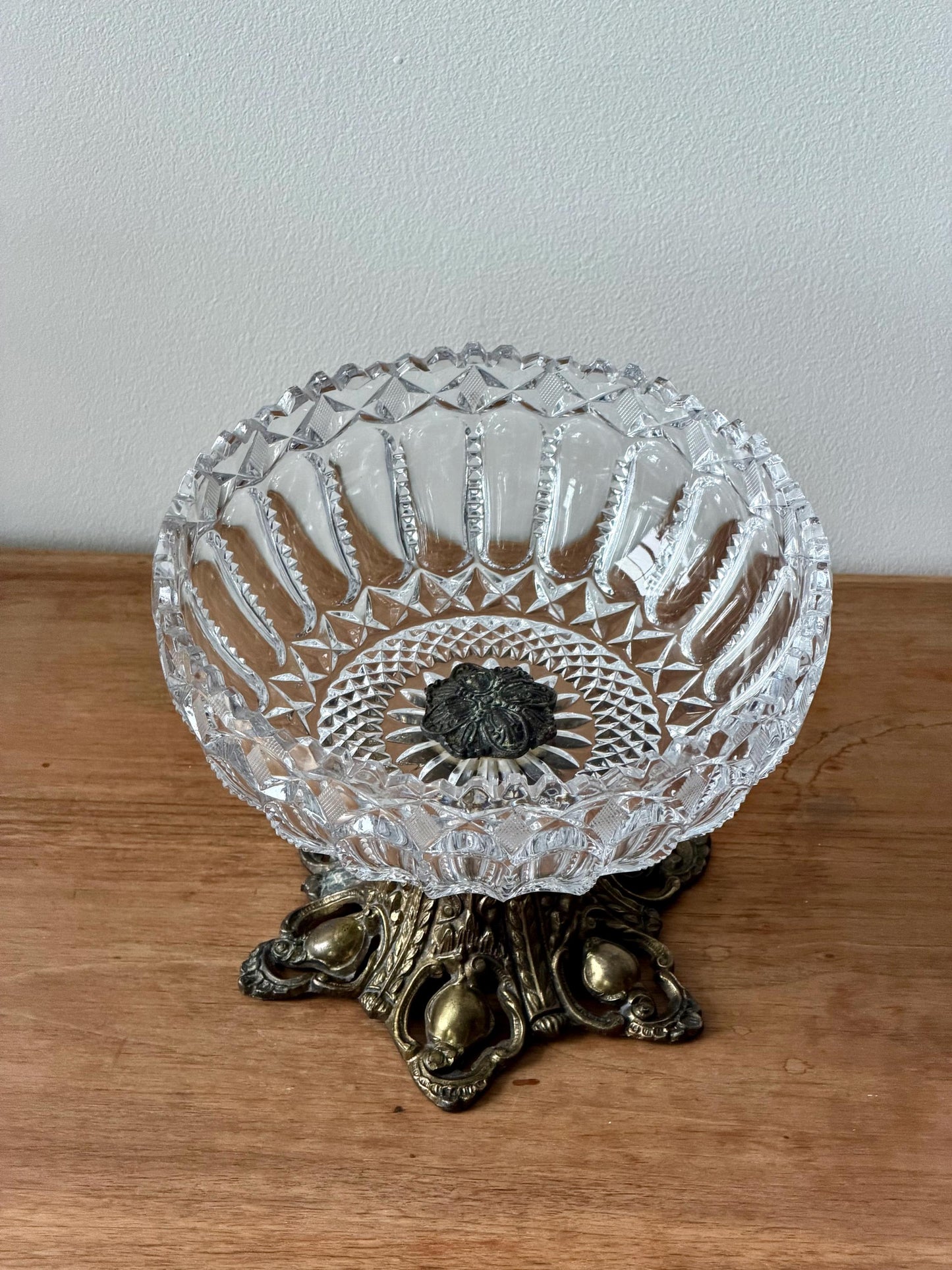 Antique Cut Crystal Bowl on Ornate Cast Metal Stand, Late 19th–Early 20th Century