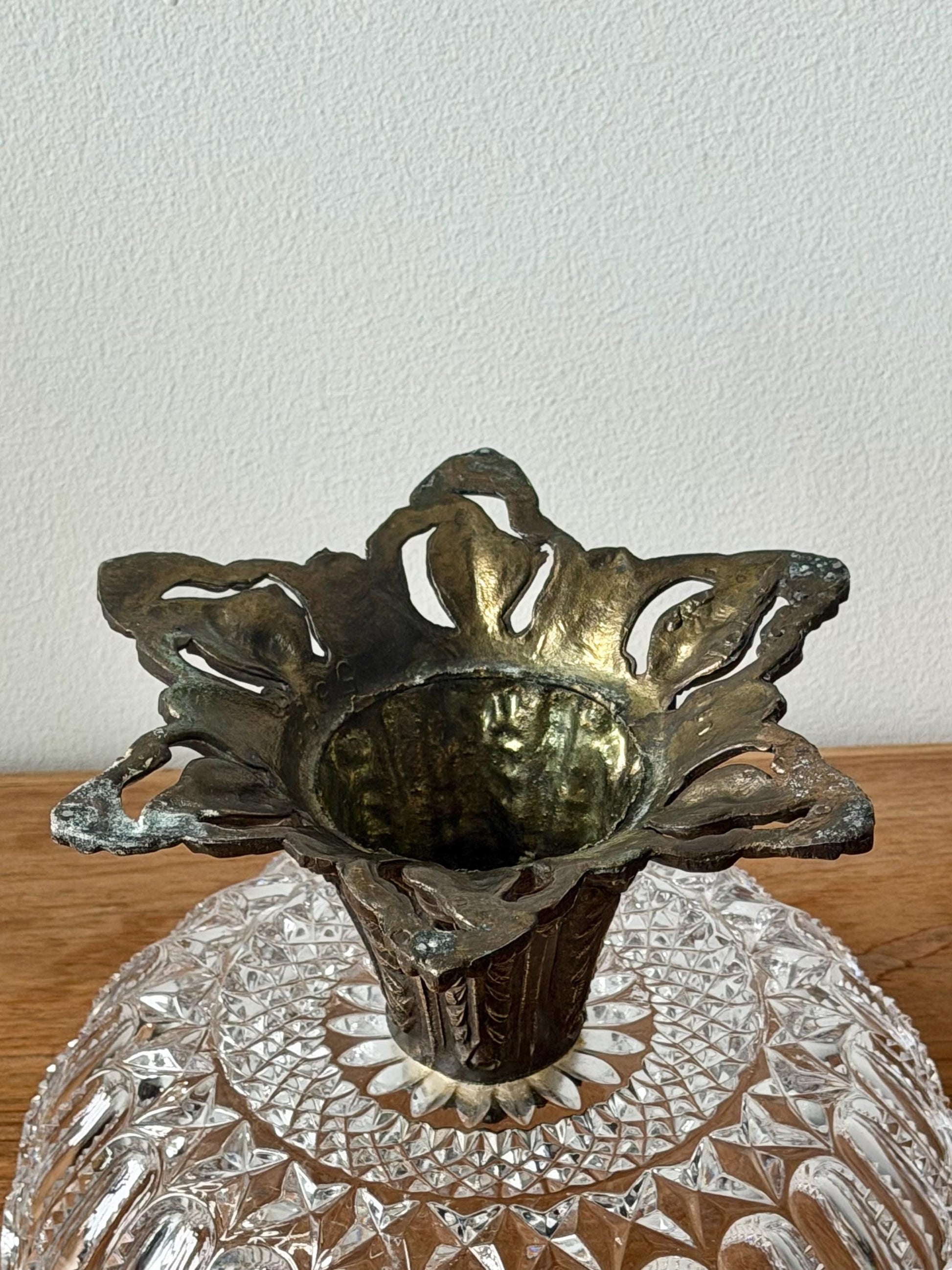 Antique Cut Crystal Bowl on Ornate Cast Metal Stand, Late 19th–Early 20th Century