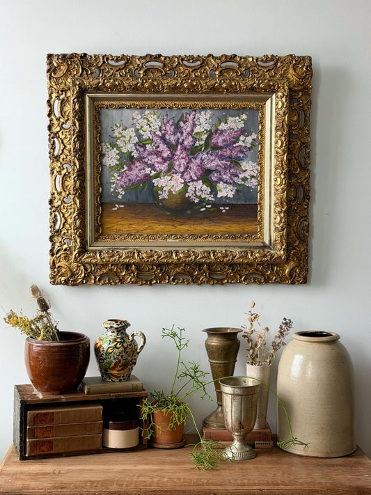 Vintage Floral Oil Painting in Ornate Antique Gilt Frame | Lilac Still Life | Statement Wall Art