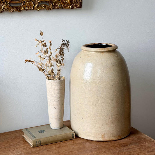 Antique Tall Stoneware Crock Jar | Primitive Salt Glaze Pottery | Rustic Farmhouse Decor | Country Home Accent