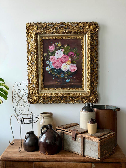 Large Gilt Rococo Frame Floral Oil Painting 1993 | Baroque Revival Wall Art | Ornate Gallery Statement