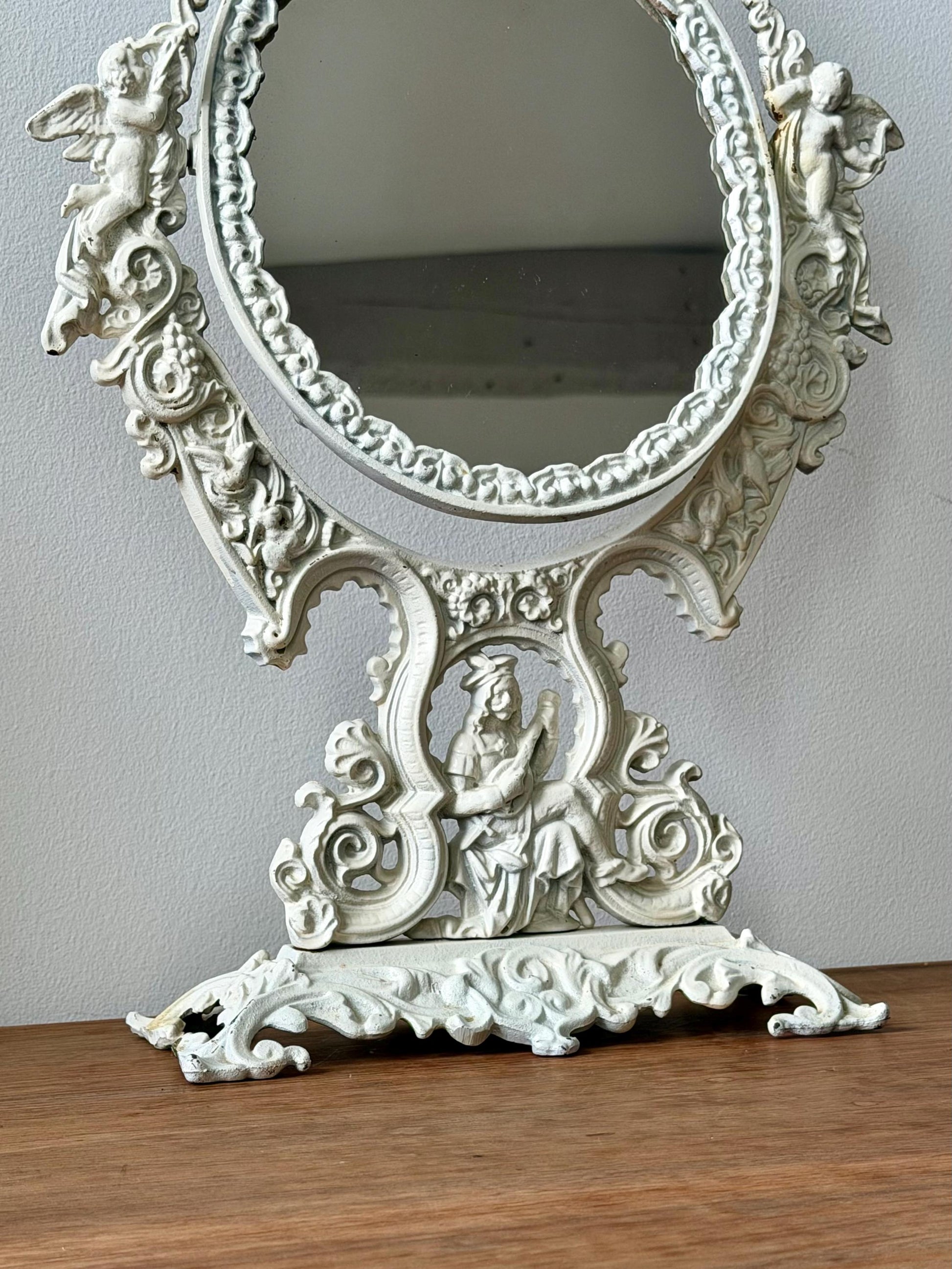 Antique Cast Metal Cherub Vanity Mirror, Ornate Rococo Revival Tabletop Mirror