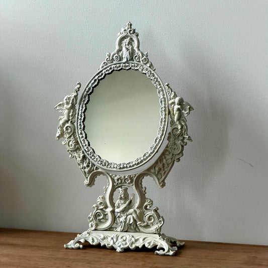 Antique Cast Metal Cherub Vanity Mirror, Ornate Rococo Revival Tabletop Mirror