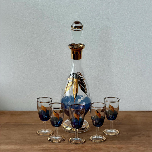 Vintage Bohemian Gilt Crystal Decanter Set w/ Stopper and 5 Glasses, Blue and Gold, Made in Czechoslovakia
