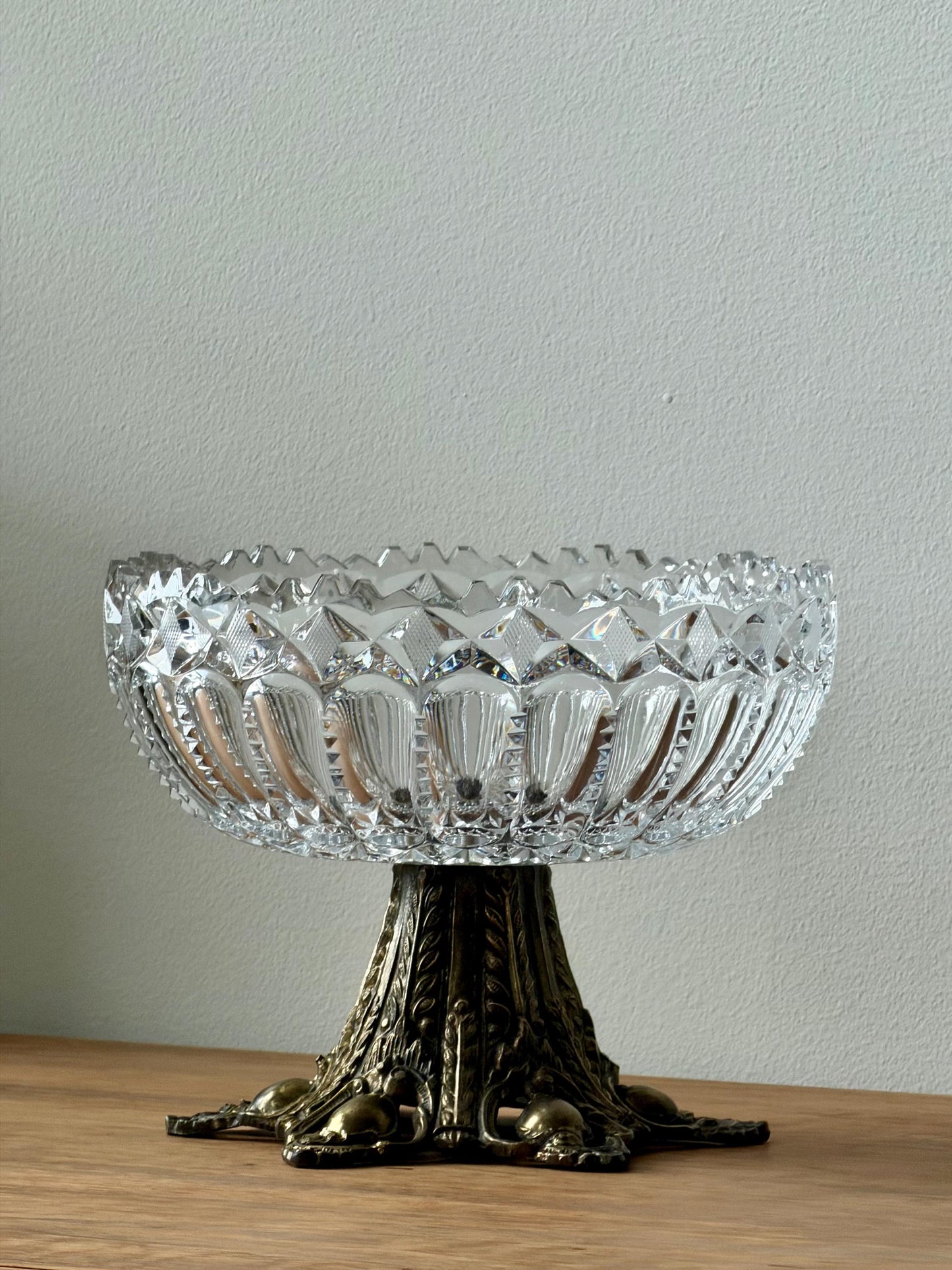 Antique Cut Crystal Bowl on Ornate Cast Metal Stand, Late 19th–Early 20th Century