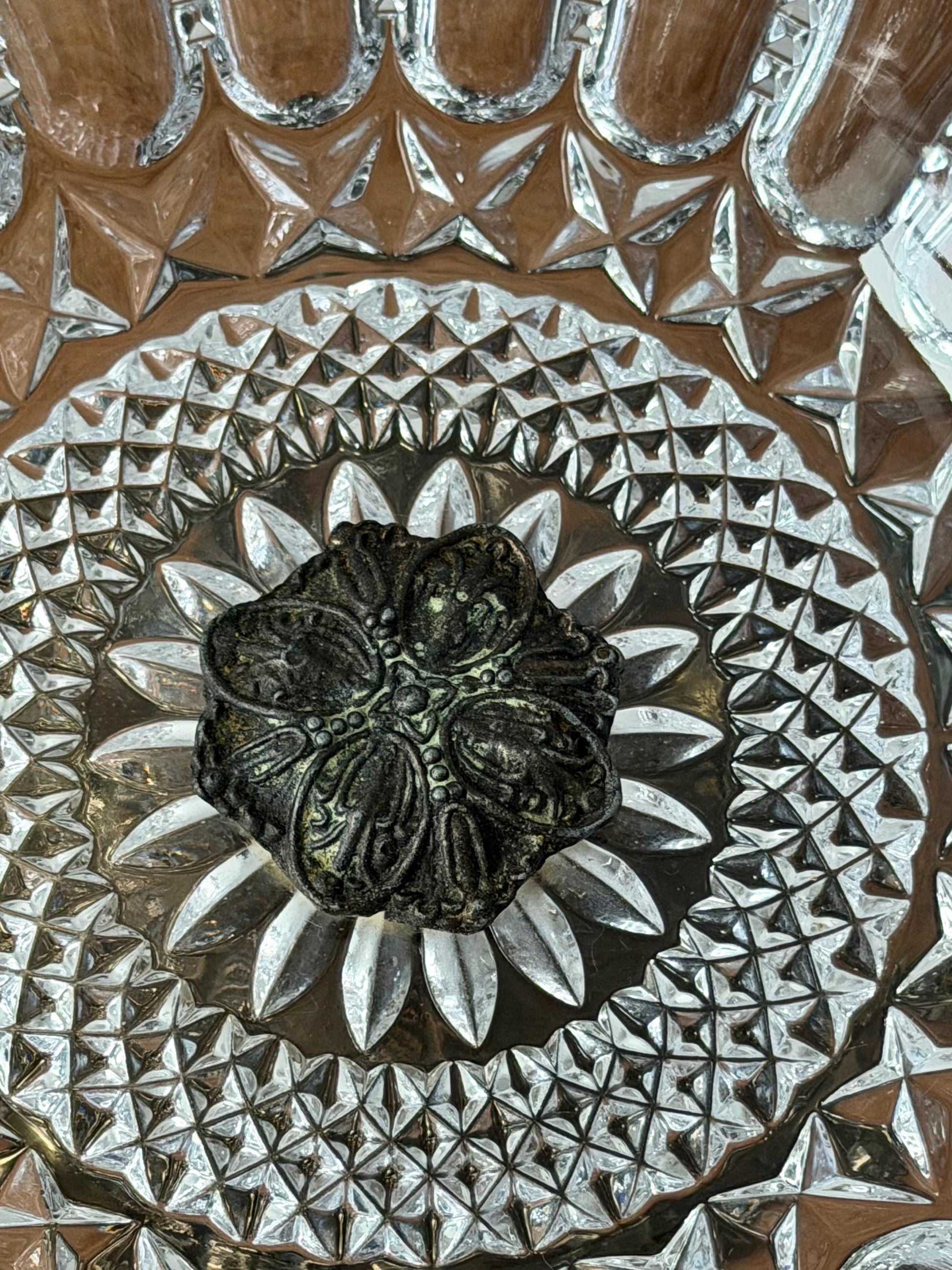 Antique Cut Crystal Bowl on Ornate Cast Metal Stand, Late 19th–Early 20th Century