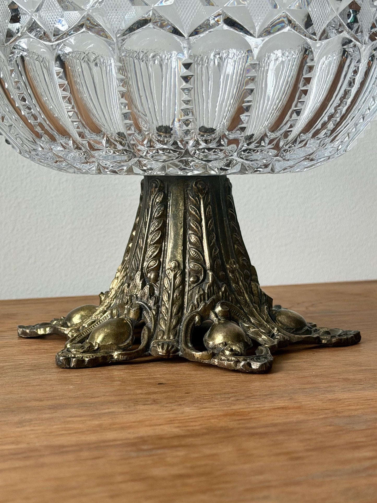 Antique Cut Crystal Bowl on Ornate Cast Metal Stand, Late 19th–Early 20th Century