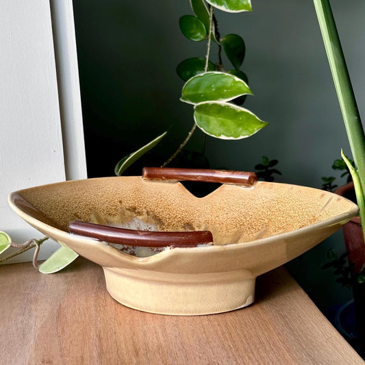 Vintage Japanese Footed Ceramic Dish with Abstract Glaze and Handles