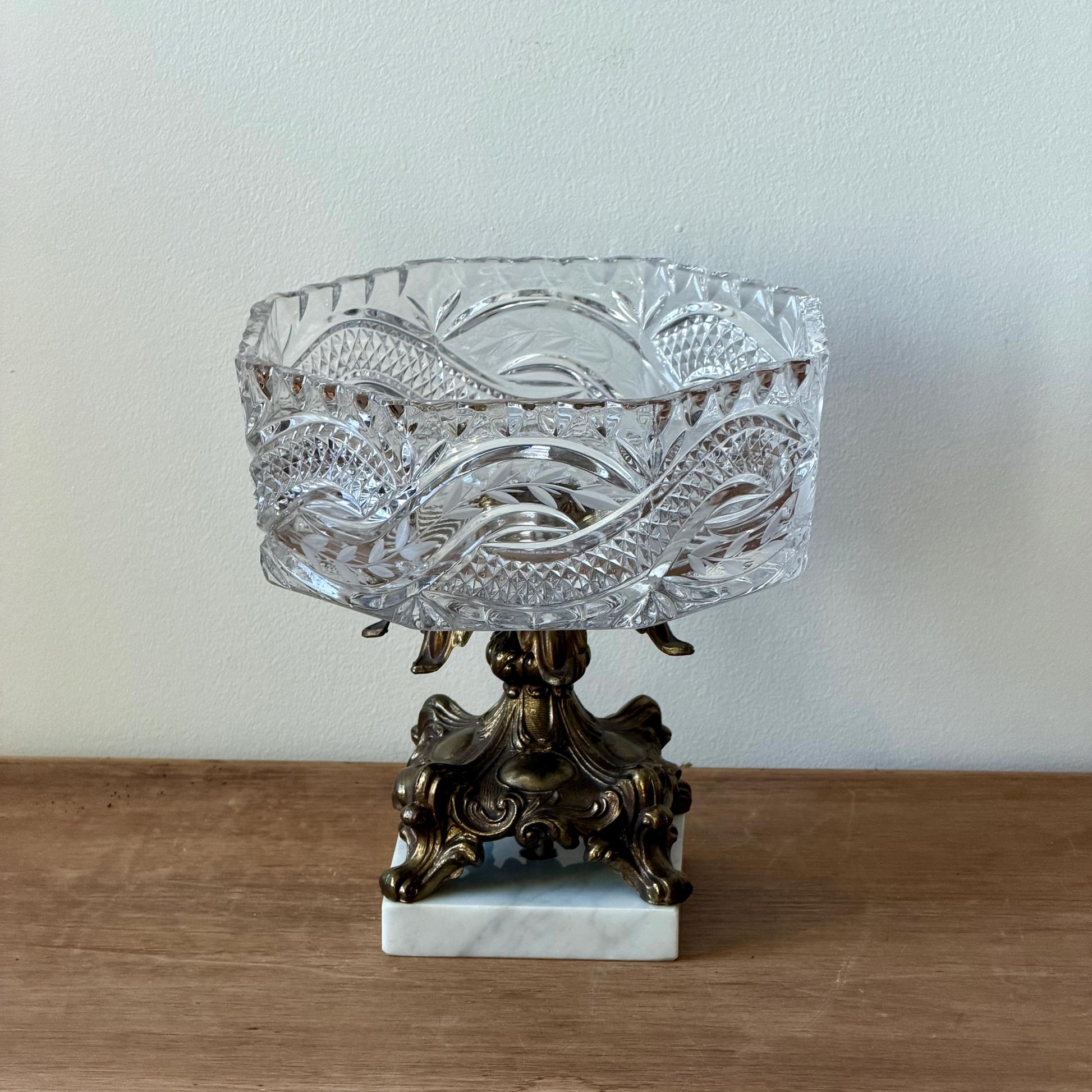 Vintage Cut Crystal Pedestal Bowl with Ornate Brass Base and Prisms, Marble Footed Stand