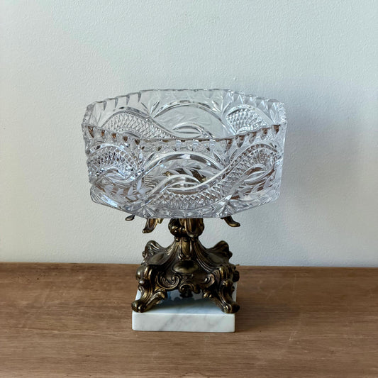 Vintage Cut Crystal Pedestal Bowl with Ornate Brass Base and Prisms, Marble Footed Stand