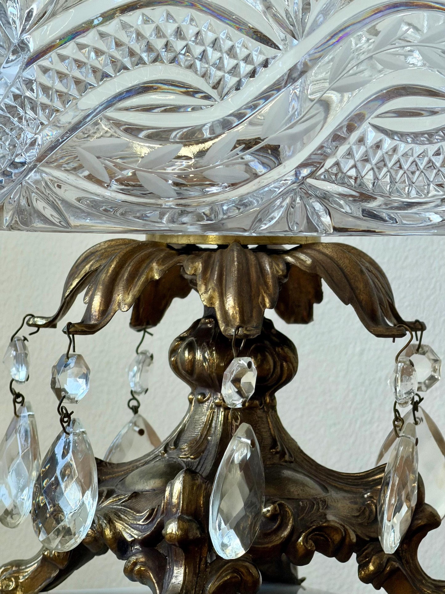 Vintage Cut Crystal Pedestal Bowl with Ornate Brass Base and Prisms, Marble Footed Stand