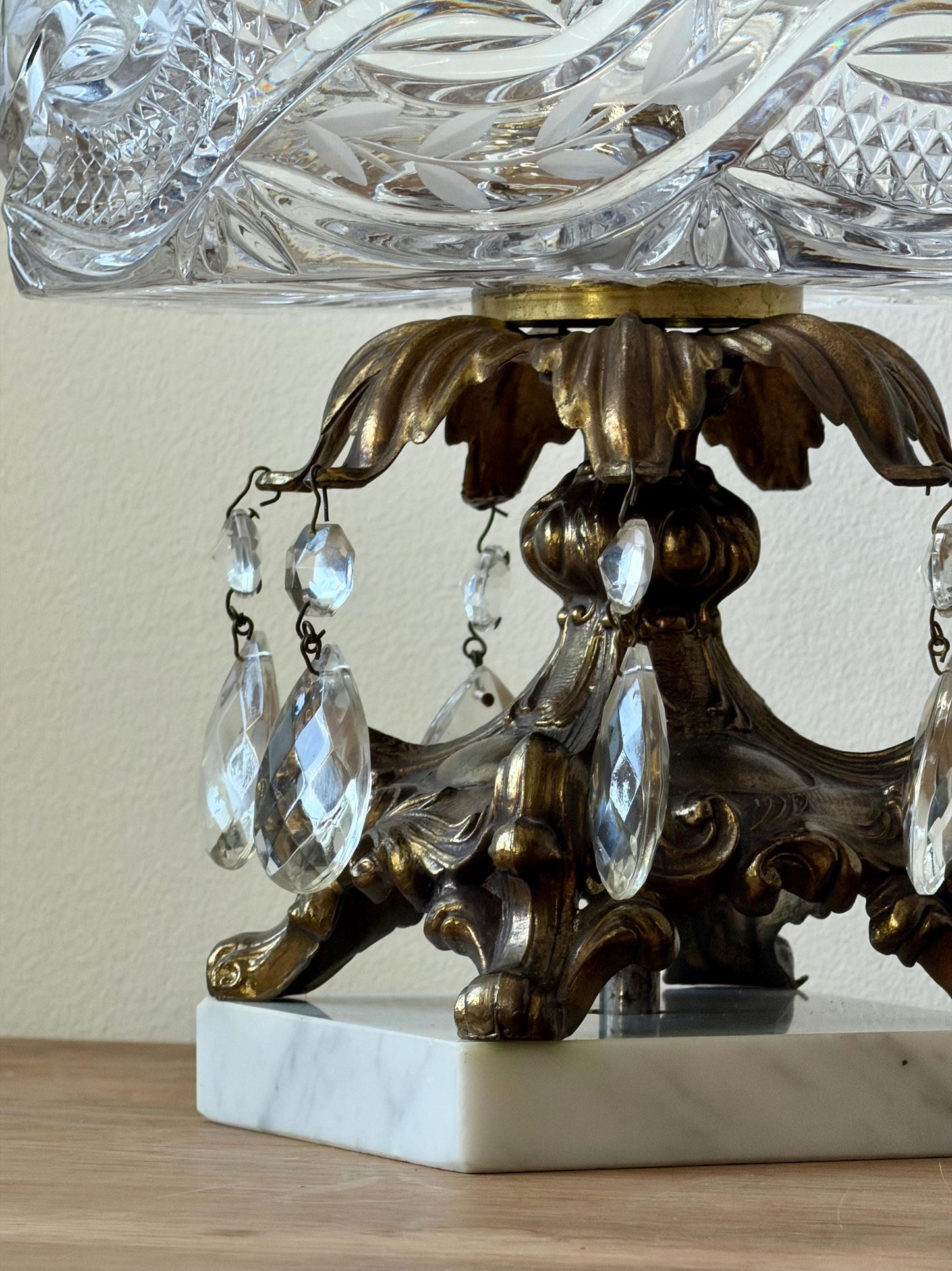 Vintage Cut Crystal Pedestal Bowl with Ornate Brass Base and Prisms, Marble Footed Stand