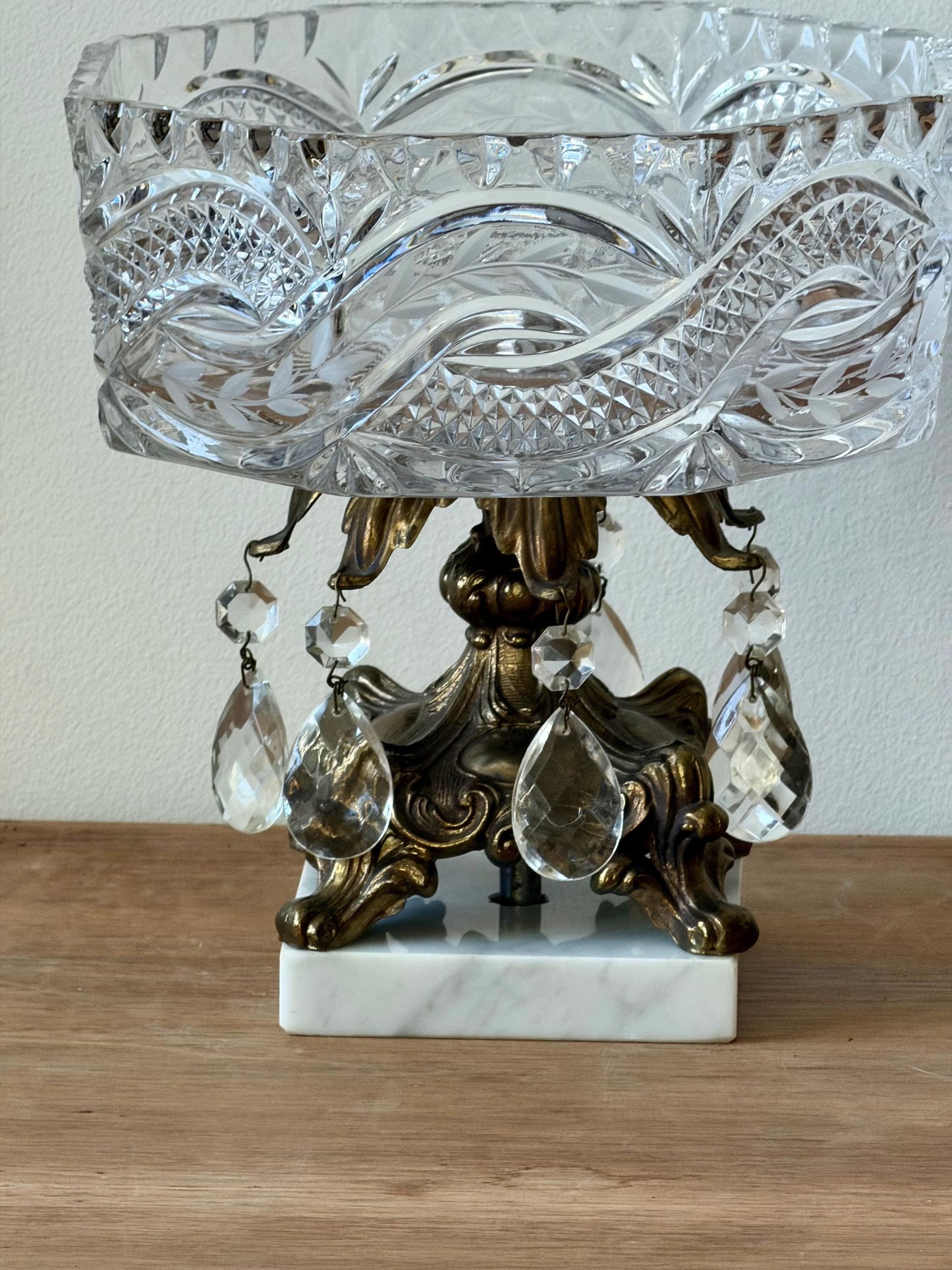 Vintage Cut Crystal Pedestal Bowl with Ornate Brass Base and Prisms, Marble Footed Stand