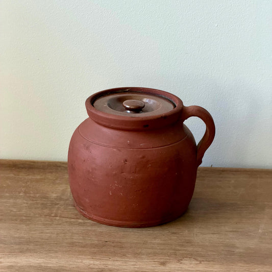 Vintage Redware Crock with Lid | Primitive Pottery Jar | Hand Thrown Earthenware Pot