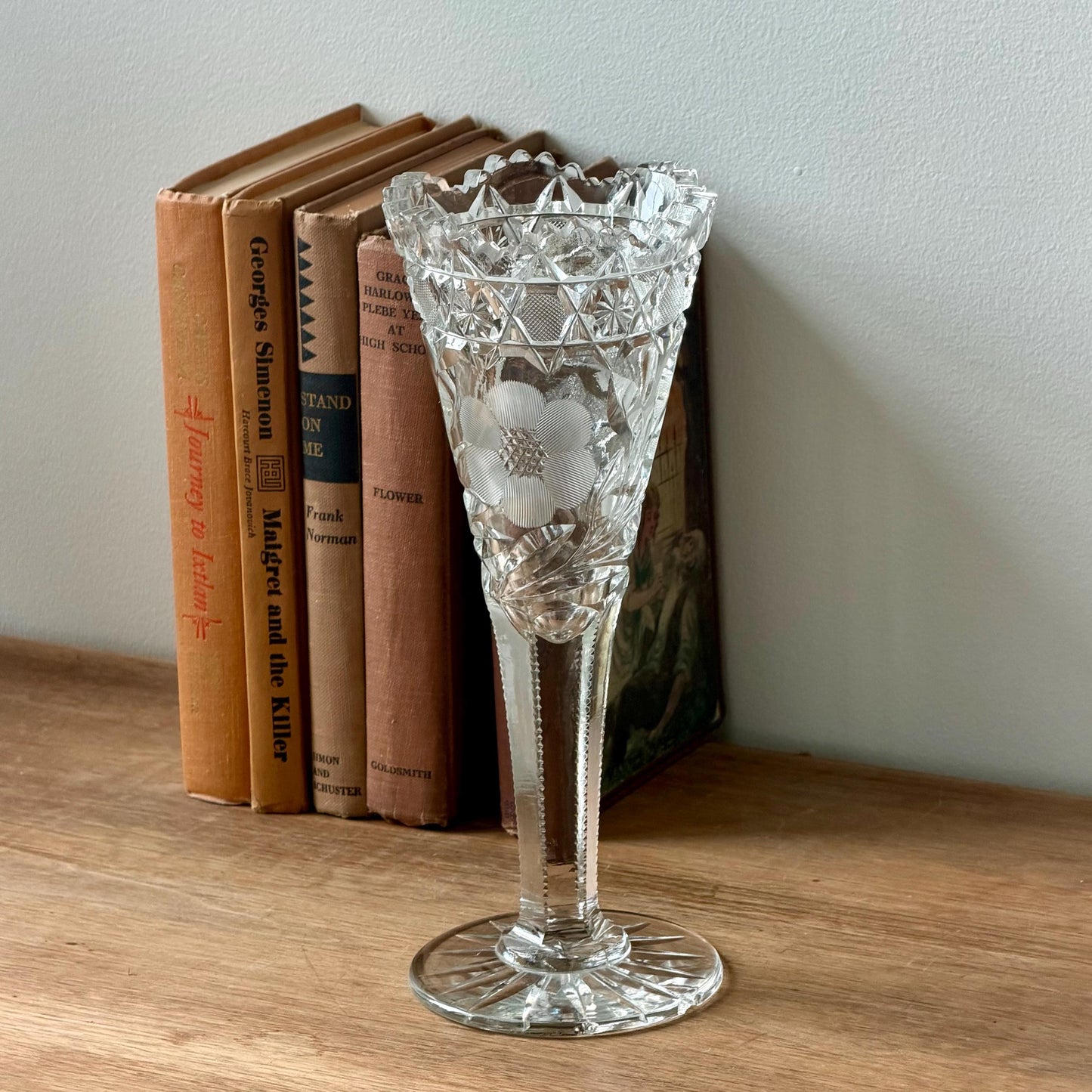 American Brilliant Cut Glass Pedestal Vase | Antique Crystal Trumpet Vase